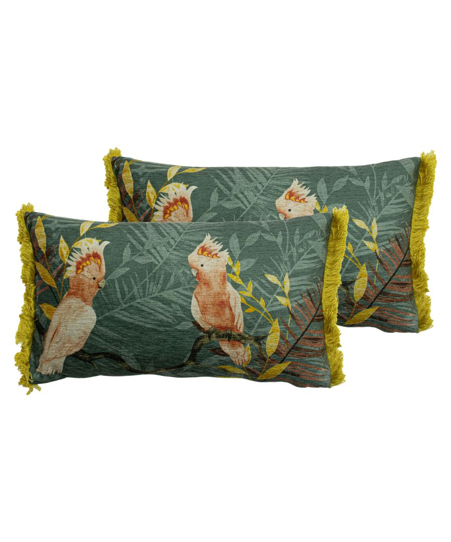 Amongst the tropical leaves, a duo of regal pink cockatoos sit gracefully together. Warm shades of pink, teal and mustard make this cushion a perfect addition to the modern home, for all-year-round exotic style. Finished with soft ruffle fringing and tonal velvet reverse.