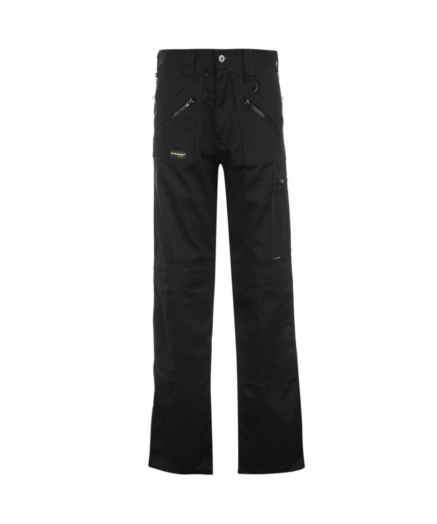 Dunlop Safety Zipper Trousers Mens The Dunlop Safety Zipper Trousers Mens have been constructed with Cordura fabric that gives resistance to tears, scuffs and abrasions, teamed with touch and close fastening pockets for knee pads. These Mens Work Trousers have multiple zipped pockets for secure storage and a specific mobile phone pocket, with a button fastening and zipped fly for a comfortable fit. > Safety Trousers > Cordura fabric > Multiple zipped pockets > Mobile phone pocket > Button and zip fastening to the waistband > Dunlop branding > 65% polyester, 35% cotton > Machine washable