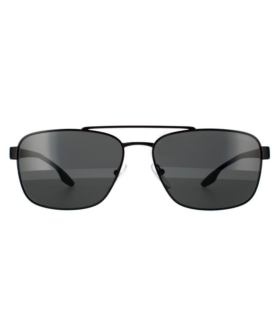 Prada Sport Rectangle Mens Black Grey Sunglasses PS51US are a sleek rectangular aviator style. The metal frame front features a distinct brow bar and adjustable nose pads for a comfortable fit. Plastic temples showcase the brand's red logo, and the insides of the tips are rubberised to hold the sunglasses in place.