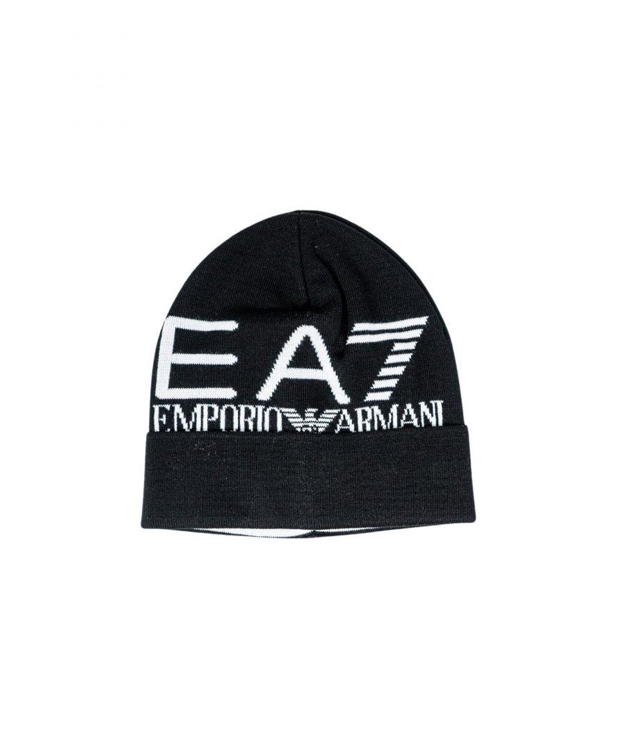 Mens black Ea7 oversize logo beanie, manufactured with acrylic. Featuring: woven branding, soft touch, turn cuff and one size.