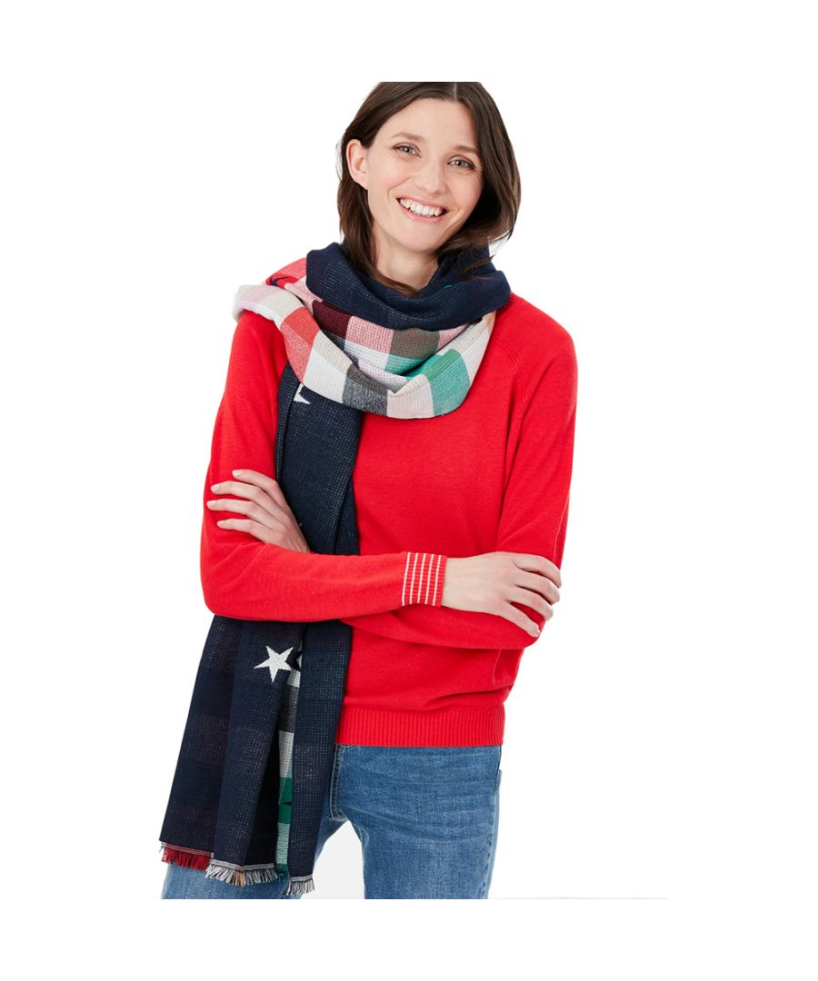 Check jaquard warm handle scarf. Reversible. Fringed edging. Length 190cm x Width 60cm. 56% Viscose, 44% Polyester.