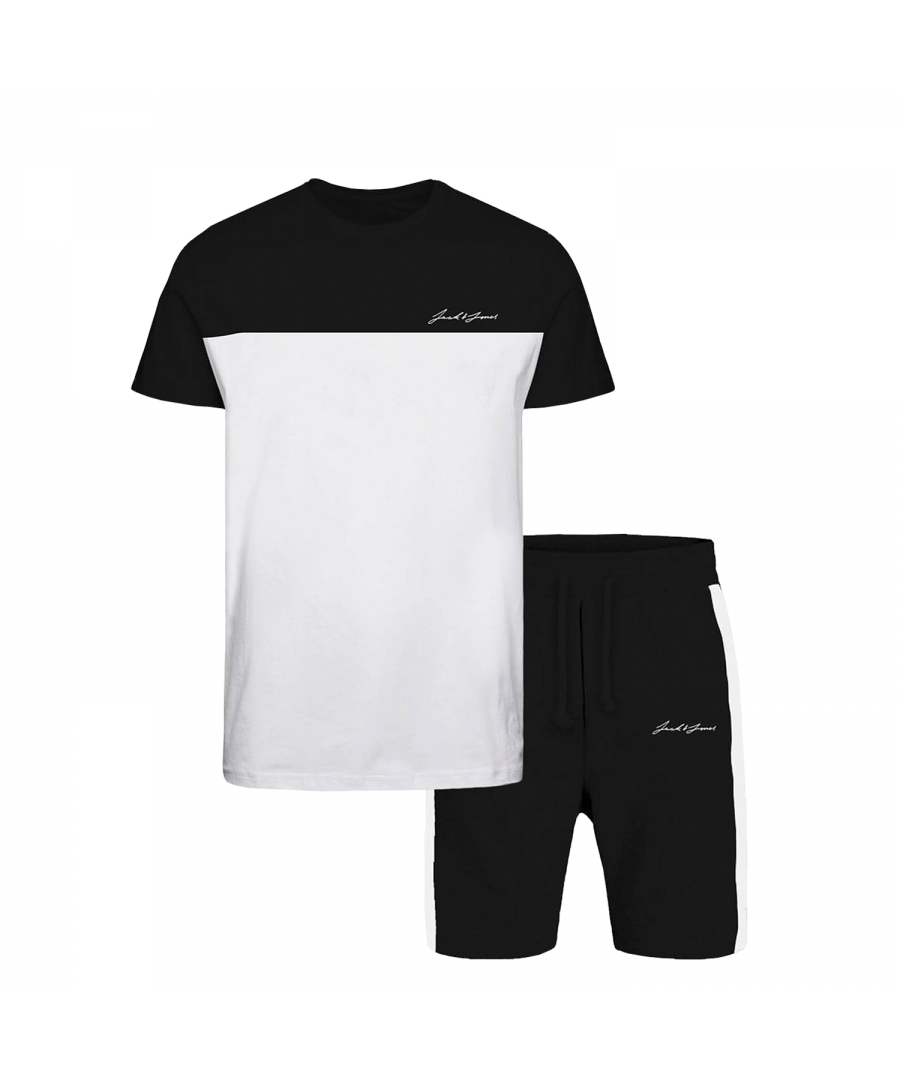 The loungewear set from Jack & Jones comes in Black colour. The basic T-shirt comes with a printed logo on the chest and a straight hem. The shorts sport a branded elasticated waistband, pockets, and a logo on the front.\n\nFeatures:\nRegular fit loungewear set\nRound neck & short sleeve tee\nElasticated waistband on shorts\nPigment print for a soft print on lighter fabrics\n\nSpecifications:\nMaterial: 100% Cotton\nProduct Code: 12218549\n\nWashing Instructions:\nIron at low temperature\nProfessional wet-cleaning\nMachine wash at max 40°C under gentle wash\nNotes: Do not bleach, Do not dry clean\n\nPackage Includes: Jack & Jones Men's Loungewear Tee & Short Set, Black (Select Size From Dropdown)