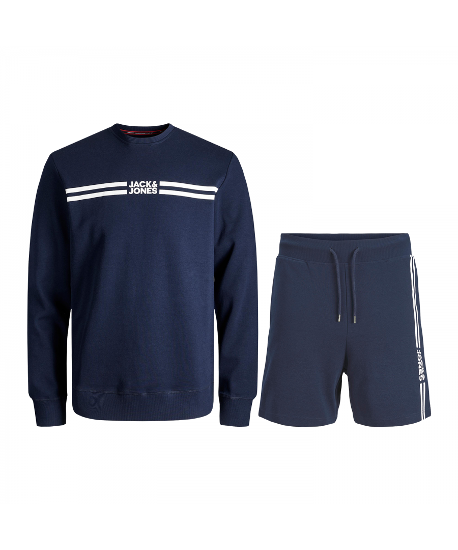 The sweat set pack from jack & jones comes in a navy blazer & light grey melange colour. The t-shirt comes with a printed logo on the chest and a straight hem. The shorts sport a branded elasticated waistband and a small logo on the side in linings.\n\nFeatures:\nA pair of sweatshirts & sweat shorts\n85% Cotton, 15% Polyester\nComfy cotton blend\nStandard Fit\n\nSpecifics:\nFastening: Pull-on\nProduct Code: 12209173\n\nWashing Instruction:\nMachine wash at max 40°C under mild wash program\nDo not tumble dry\nIron at moderate temperature\nLine drying\nDo not bleach, Dry clean (no trichloroethylene)\n\nPackage Includes: Jack & Jones Men's sweatshirts & sweat shorts set