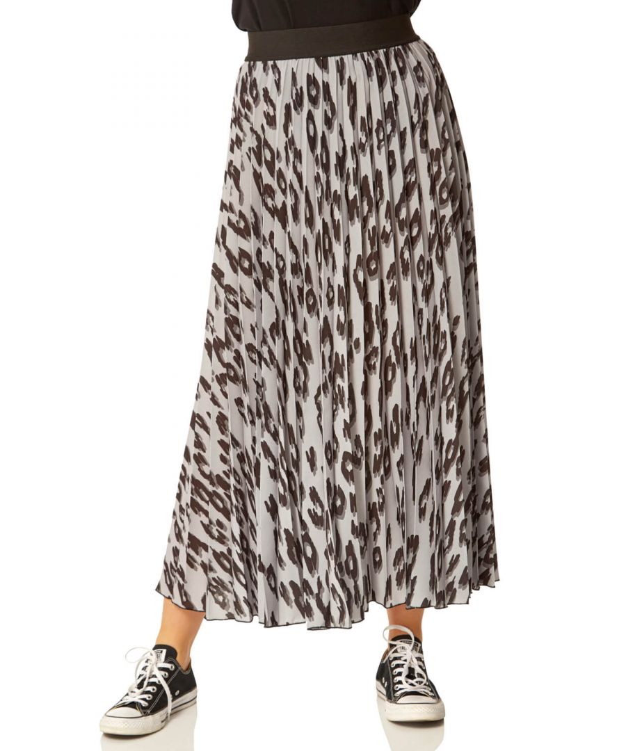 Roman Women's Animal Print Pleated Maxi Skirt|Size: 12|light grey