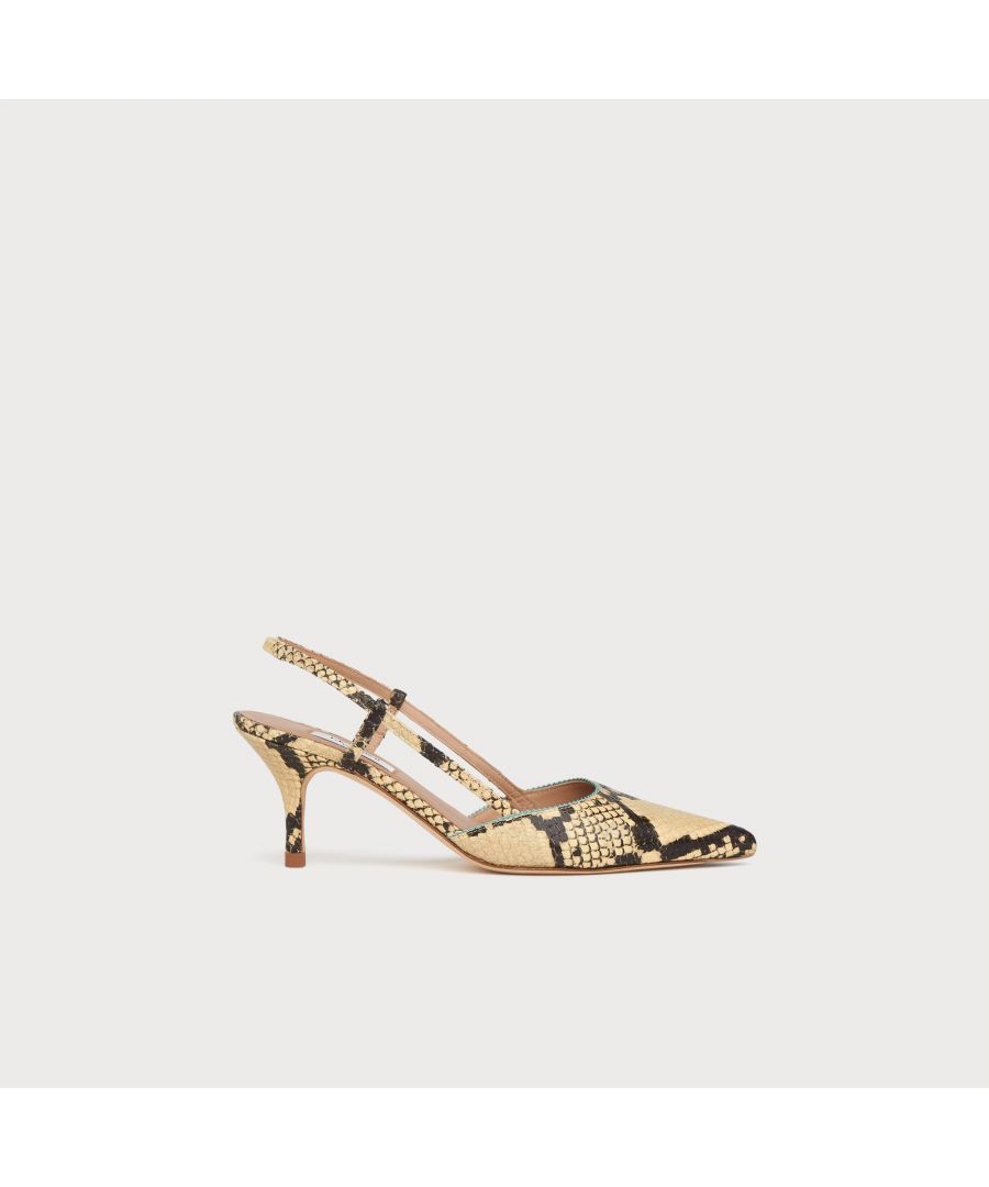 A playful style in our Reimagine capsule collection, our Henley slingbacks offer a stylish slick of snake print. Crafted in Spain from soft yellow and grey snake print leather, they have a pointed toe, a turquoise picot trim, slingbacks and a 50mm kitten heel. Wear them to brighten up tailoring and spring's pretty silk dresses.