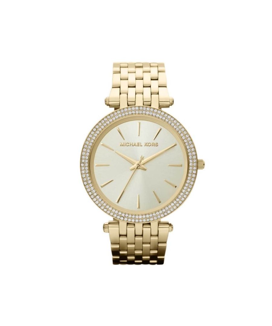 Shop het Michael Kors-horloge MK3191 EAN 4051432739156. Mooi designerhorloge uit de Darci-collectie met een elegante champagnekleurige wijzerplaat en een met steentjes bezette bezel, dunne goudkleurige, staafvormige uurmarkeringen en zilverkleurige wijzers.