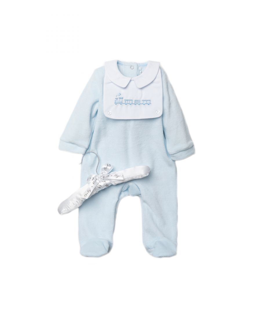 This adorable Rockabye Baby Boutique baby-blue, velour sleepsuit features a cute train-themed detail. The sleepsuit is footed, with popper fastenings, with an adorable collar detail. The set is cotton, keeping your little one comfortable. This set comes with a satin hanger, making a lovely baby shower gift for the little one in your life!