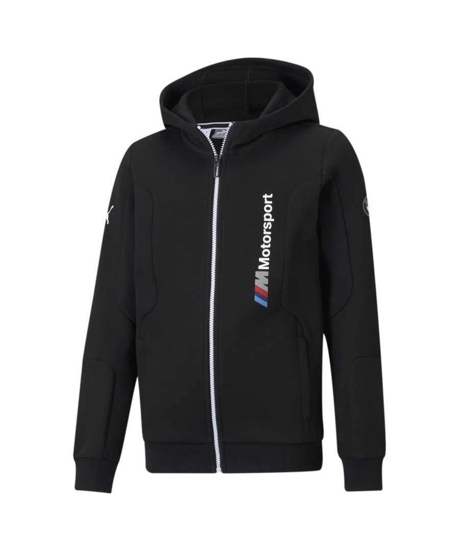 Functional, comfortable and stylishly cool. Iconic BMW M Motorsport branding and structured surface panels give this double-knit, zip-up hooded sweat jacket a slick look while keeping you warm whether you're trackside or on the street. FEATURES & BENEFITS By buying cotton products from PUMA, you’re supporting more sustainable cotton farming.  DETAILS Regular fitFull-zip closure with hoodSide zip pocketsRibbed cuffs and hemMotorsport-inspired fabric panels in sleeves and sidesSleeve articulation for increased comfort and movementVertical BMW M Motorsport logo on left chestBMW Propeller print badge on left sleevePUMA Cat Logo print on right sleeveCotton and polyester