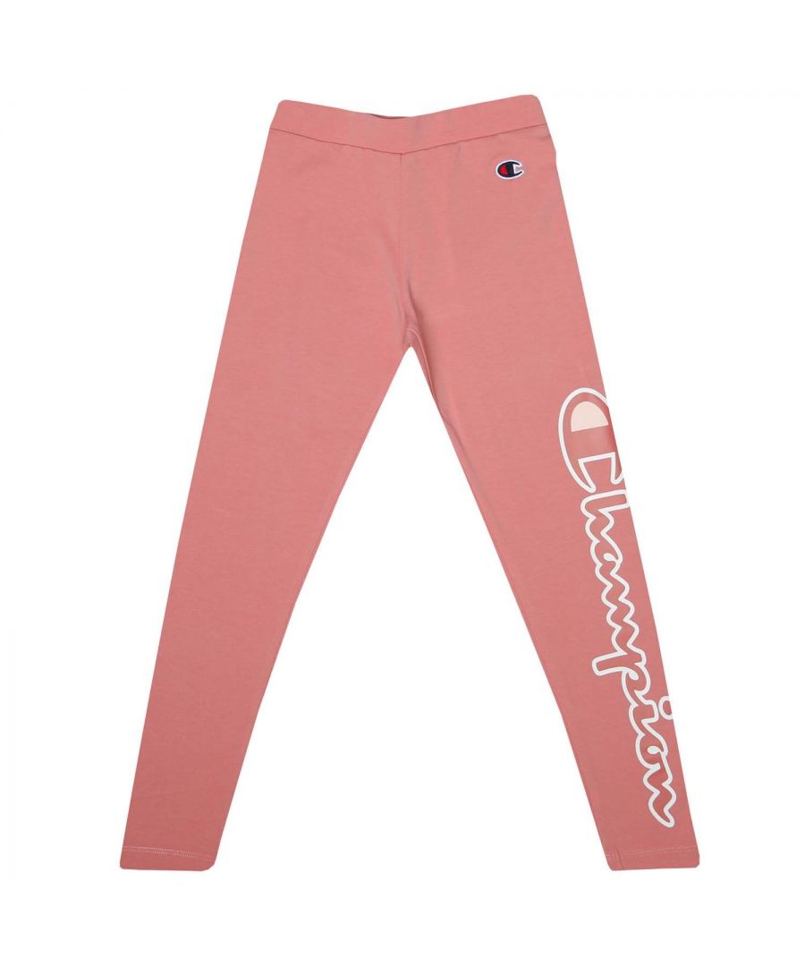 Junior Girls Champion Logo Leggings in rose.- Elasticated waist.- Staple block colour.- Brands iconic logo embroidered to the top and printed down one leg.- Soft stretch.- 90% Cotton  10% Elastane.- Ref:404335PS092J