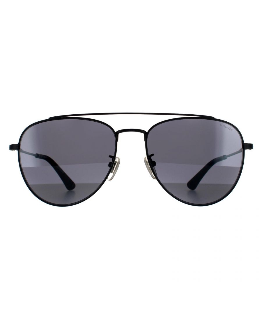 Police Aviator Unisex Matte Grey Smoke Silver Mirrored 90041091 Police are a contemporary aviator style crafted from lightweight metal. The top brow bar, adjustable nose pads and plastic temple tips ensure all day comfort. Police's emblem features on the temples for authenticity.