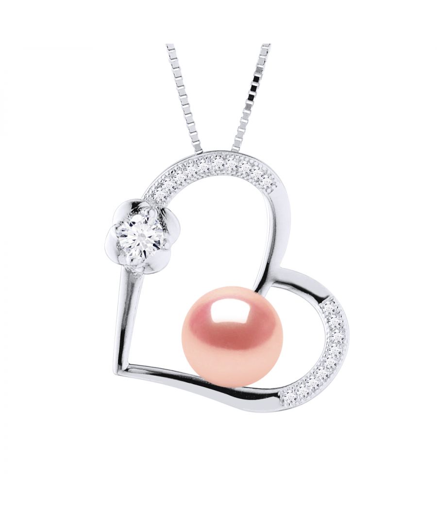 Necklace - Freshwater Pearl 8-9mm button - Heart Pattern & Oxides - Box Chain Rhodium 925 Thousandth - Length: 42 cm - Delivered in a case with a certificate of authenticity and an international Warranty - All our jewelry are manufactured in France.