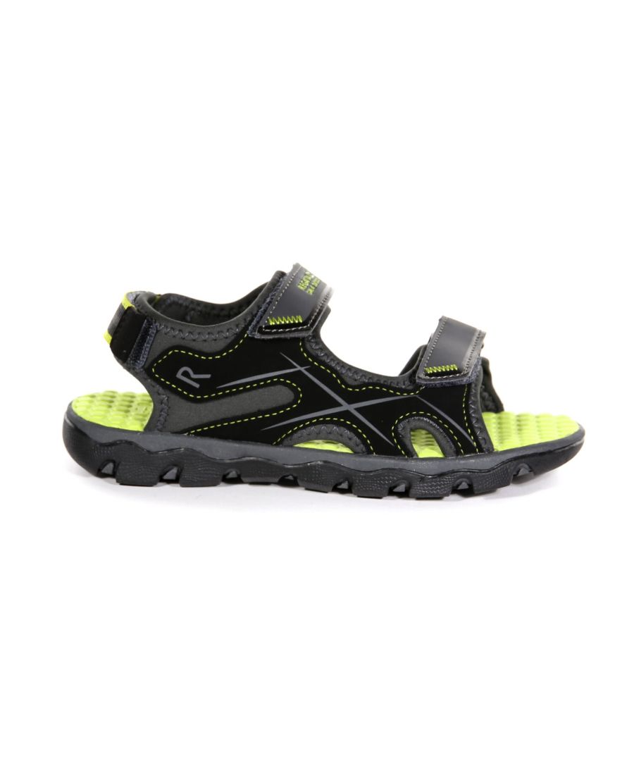 85% polyurathane, 15% polyester. Lightweight sports mesh and PU upper. Spandex lining for extra comfort and a positive fit. Lightweight webbing upper straps. Adjustable hook and loop straps across foot and heel to ensure correct fit. Moulded instep stability arm. Water friendly comfort EVA footbed. Lightweight TPR outsole - hardwearing slip resistant durable outsole.