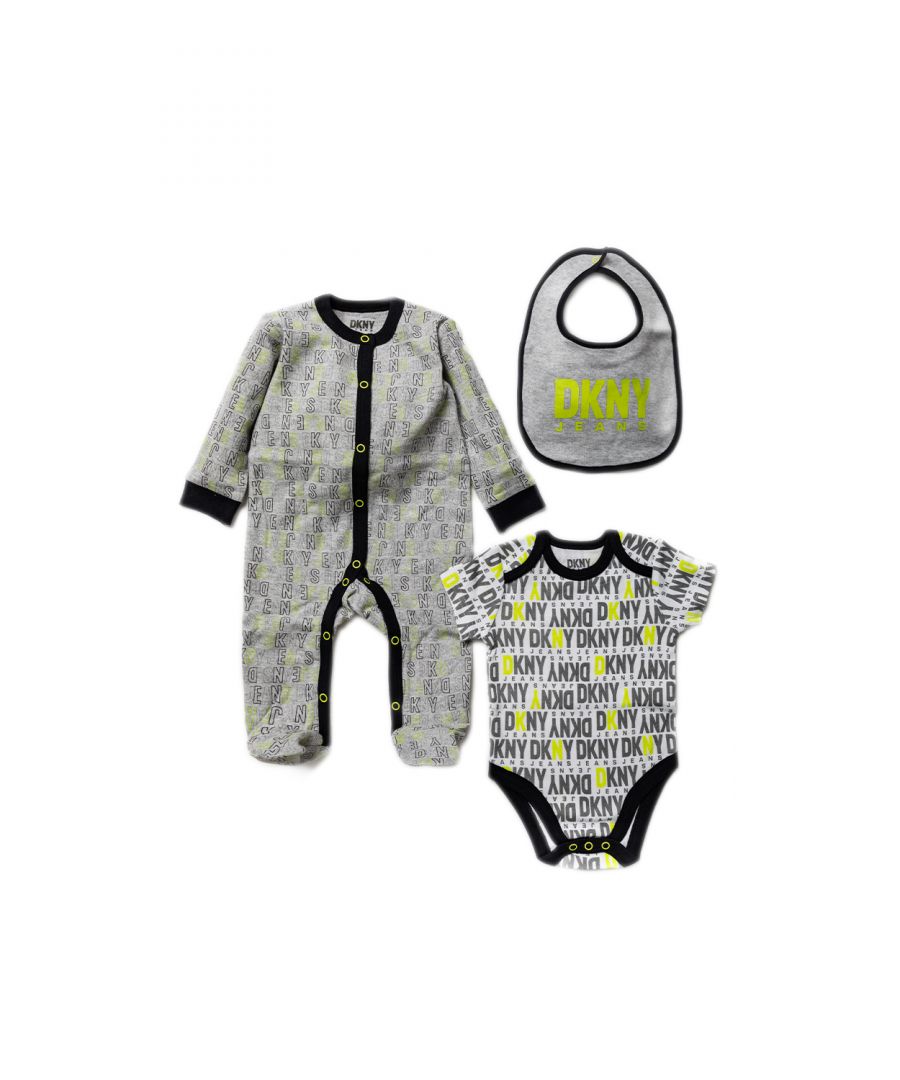 This adorable DKNY Jeans three-piece set includes a printed sleepsuit, bodysuit and a matching bib with the DKNY Jeans logo. The set is cotton, with popper fastenings, keeping your little one comfortable. This would make a sweet gift for the little one in your life!