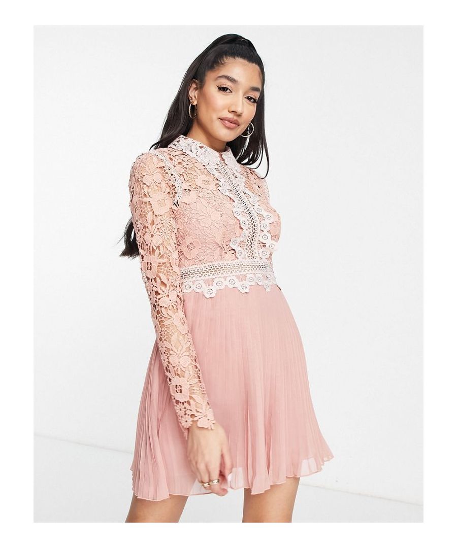 Mini dress by ASOS DESIGN Love at first scroll Spread collar Long sleeves Lace top Pleated skirt Cut-out detail to reverse Regular fit  Sold By: Asos