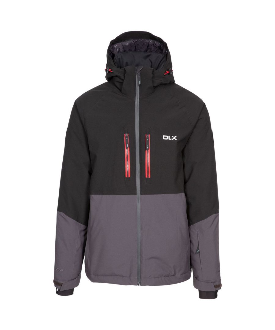 Outer Materials: 100% Polyester PU Coating. Fabric: Woven. Filling Material: 100% Polyester. Lining Material: 50% Polyamide, 50% Polyester. Waterproof Rating: 20000mm. 10000g/m²/24hrs. Pockets: 2 Lower Pockets, 2 Chest Pockets, Ski Pass Pocket. Cuff: Adjustable. Hood Features: Adjustable, Zip-Off. Articulated Elbow, Detachable Snowskirt, Drawcord Hem, Taped seam. Fastening: Water Repellent Zip. Fabric Technology: Windproof.