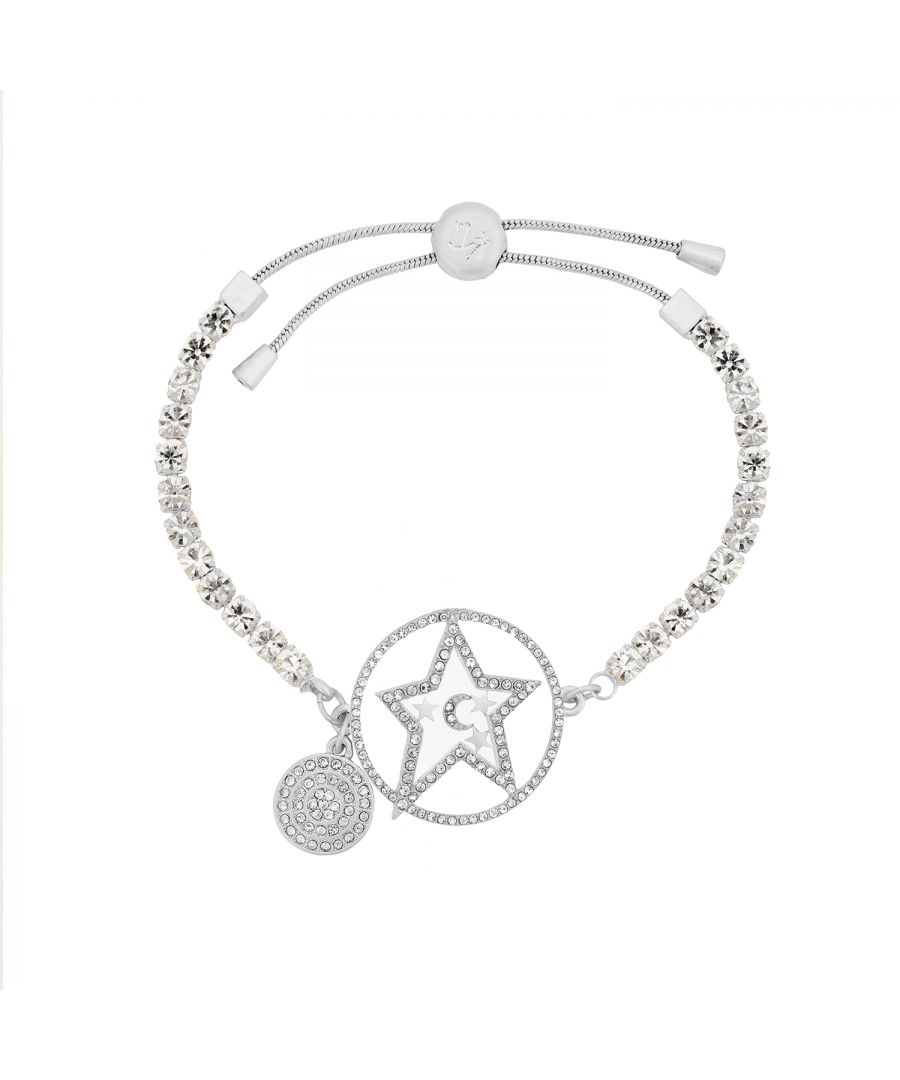 The Crystal Star and Moon bracelet is far from your average friendship bracelet! It's silver tone plated and comes adorned with a sparkling star charm, complete with subtle celestial star and crescent moon details and a hanging circular charm with gems surrounding sparkling clear stones. This piece is 25cm in length with an adjustable slider and is perfect for dressing up your outfit day or night. It also makes a perfect affordable jewellery gift for a friend who's been a real star this year! Presented in a Ktx jewellery pouch to keep safe or make the perfect gift!