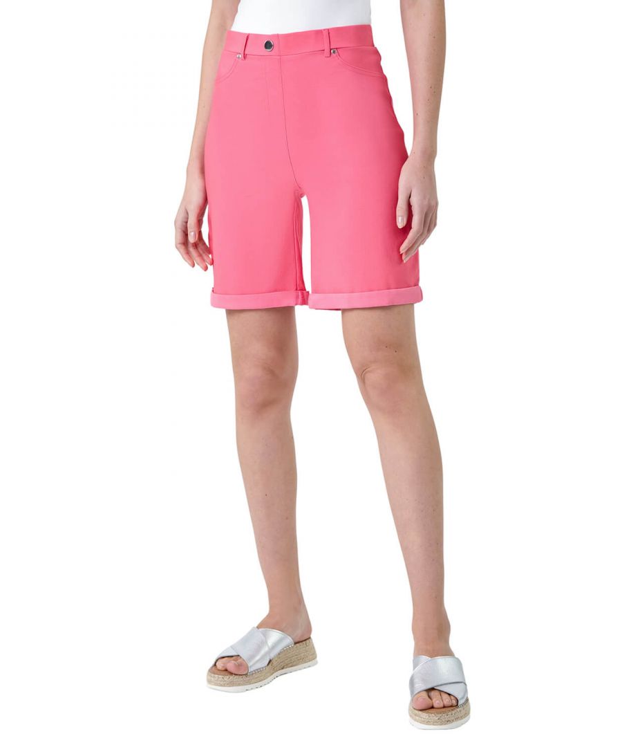 Roman Womens Elastic Waist Turn Up Stretch Shorts - Pink - Size 22 UK