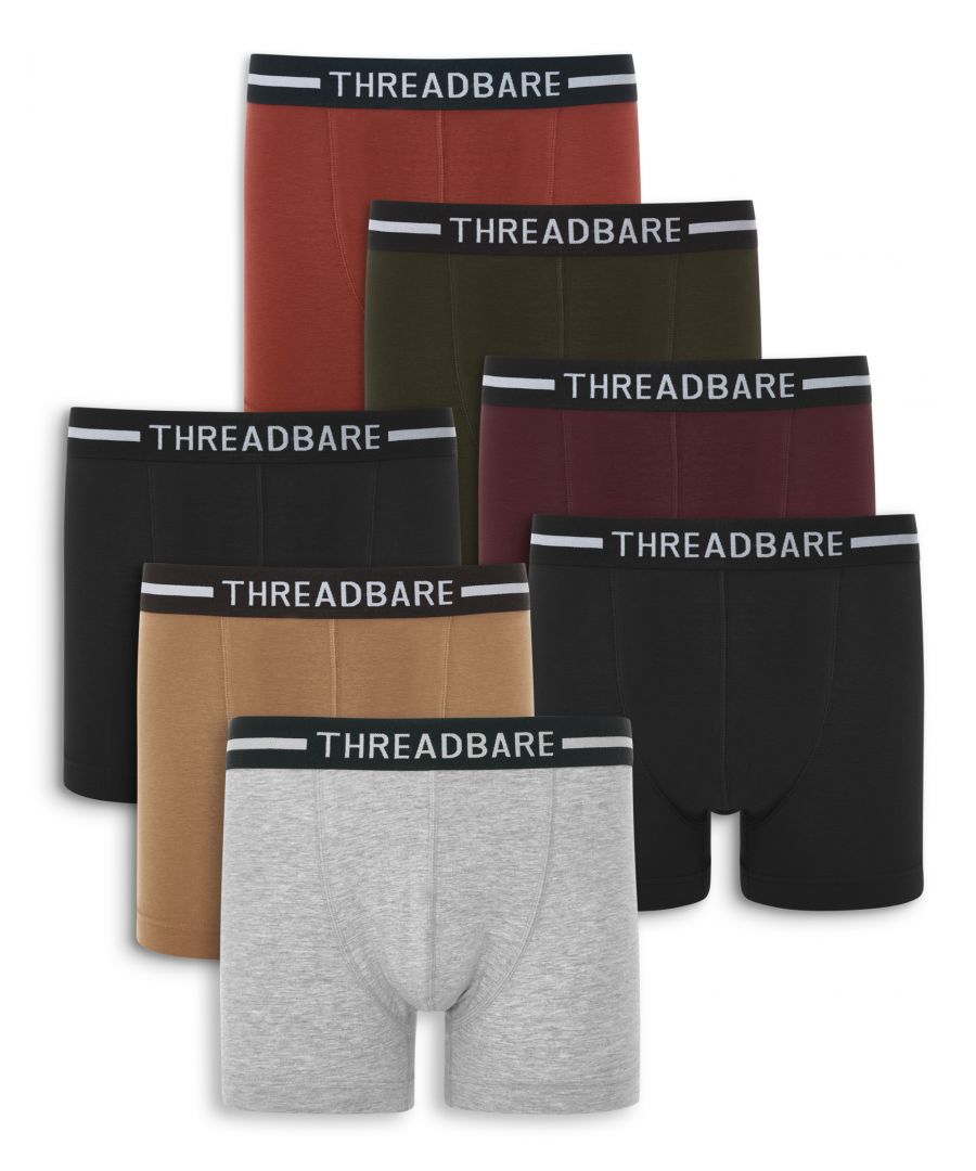 Update your everyday essentials with this warm toned 7 pack of hipsters from Threadbare. They are made from a cotton stretch fabric for exceptional comfort and feature signature Threadbare logo along the elasticated waistband. Other designs and styles available.