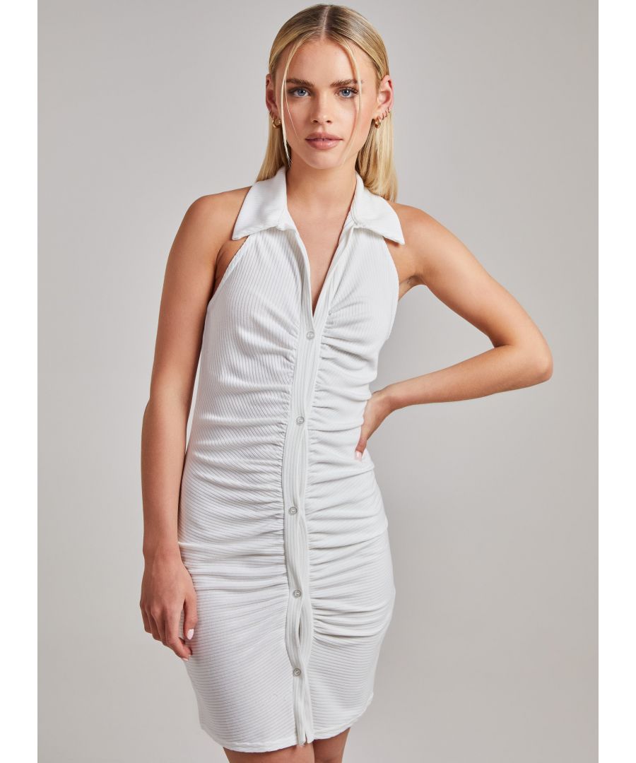 Pink Vanilla Womens Halterneck Collar Neck Rib Mini Dress - Ivory Fur - Size 12 UK
