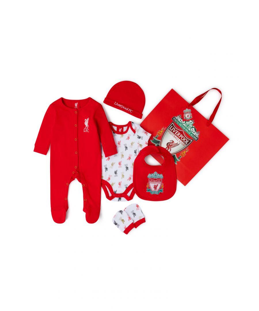 This adorable Liverpool FC five-piece set features the Liverbird crest. The set features a footed, button-up sleepsuit, a bodysuit, a matching pair of mitts, a hat, and a bib with the Liverpool badge. The sleepsuit, bodysuit, and bib have popper fastenings, keeping your little one comfortable. The set also comes with a Liverpool gift bag, making it the perfect gift for the little one in your life.