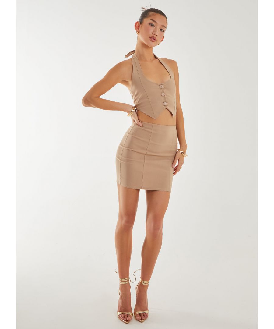 Pink Vanilla Womens Bengaline Seam Detail Mini Skirt - Camel - Size Large