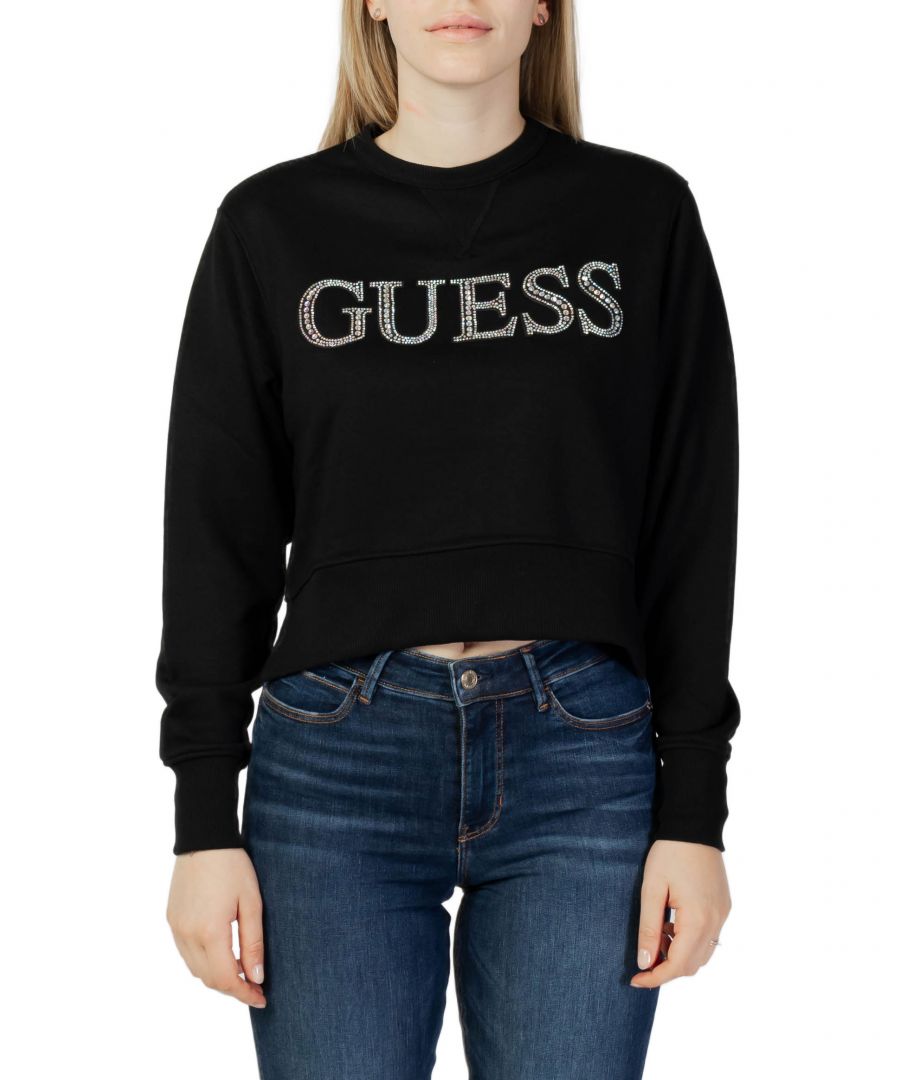 Brand: Guess\nGender: Women\nType: Sweatshirts\nSeason: Fall/Winter\n\nPRODUCT DETAIL\n• Color: black\n• Pattern: print\n• Sleeves: long\n• Neckline: round neck\n\nCOMPOSITION AND MATERIAL\n• Composition: -38% cotton -40% polyester -22% viscose \n•  Washing: machine wash at 30°