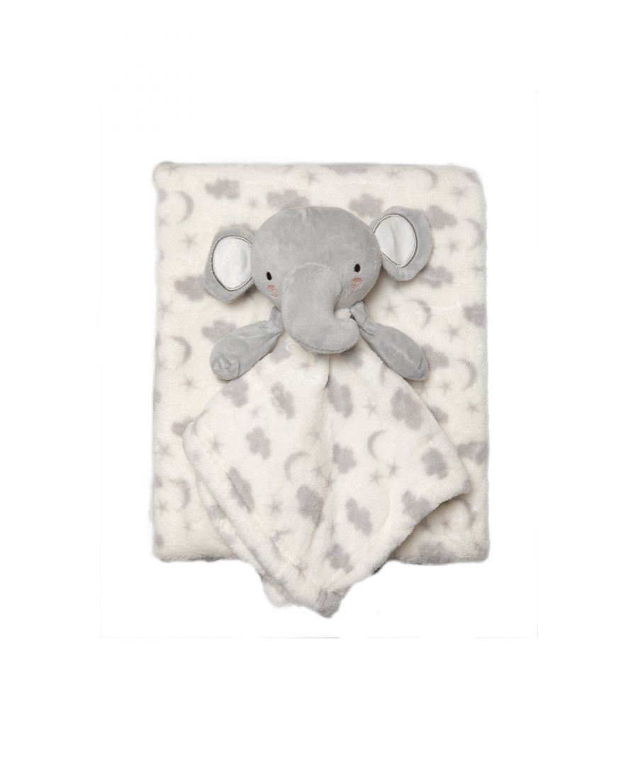 This adorable Snuggle Tots comforter and blanket set make the perfect gift for the little one in your life. The two-piece set features a beautiful, fluffy blanket with a grey moon, cloud, and star print, and a comforter with the same print with a cuddly elephant toy attached. This set makes a lovely baby shower present.