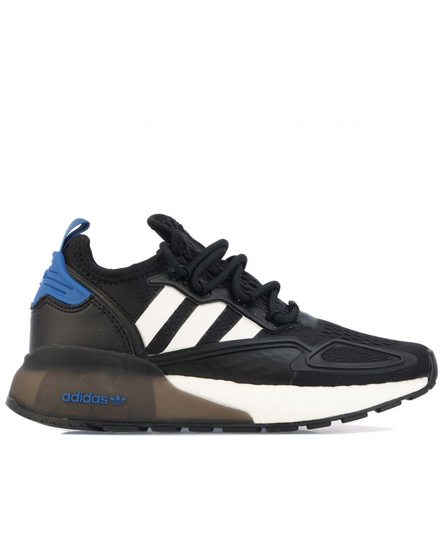 Junior adidas Originals ZX 2K Boost Trainers in black.- Synthetic upper with moulded TPU overlays.- Lace up fastening.- Trefoil brand on tongue and heel.- Boost midsole with partial TPU cage.- Textile lining.- Rubber outsole.- Ref.: FY1707