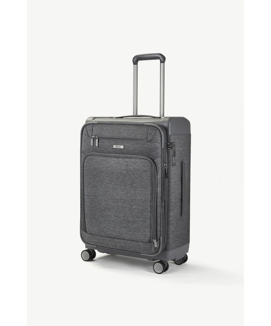 Best of both worlds! This Rock suitcase is made from ultra-strong polypropylene frame combined with a fabric body.\nParker’s carry-on size has an easy access laptop section and is packed full of useful features such a removeable waterproof pouch.\nBuilt to last - all Rock products come with a 15 year manufacturer’s warranty against manufacturing defects arising from faulty workmanship or materials.\nTough & Practical - 8 smooth rolling wheels and a telescopic, push-button handle will help you glide effortlessly on your travels.\nFor your complete peace of mind, Parker cases are fitted with an integrated TSA combination lock.\nThe design includes a zipped front pocket which can be used for conveniently storing smaller items or any last-minute extras you may need to squeeze in.\nThe fully lined interior also features a convenient zipped mesh pocket and elasticated packing straps to keep your clothes securely in place.