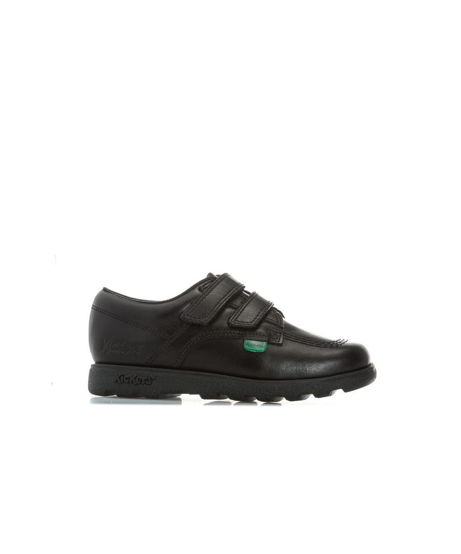 Infant Boys Kickers Fragma Lo Strap Leather Shoes in Black- Tonal finish- Hook and loop strap fastening- Padded collar- Iconic red and green branded tabs to sides- Smooth leather upper- Embossed branding - Leather Upper  Textile Lining  Synthetic Upper- Ref: 114832