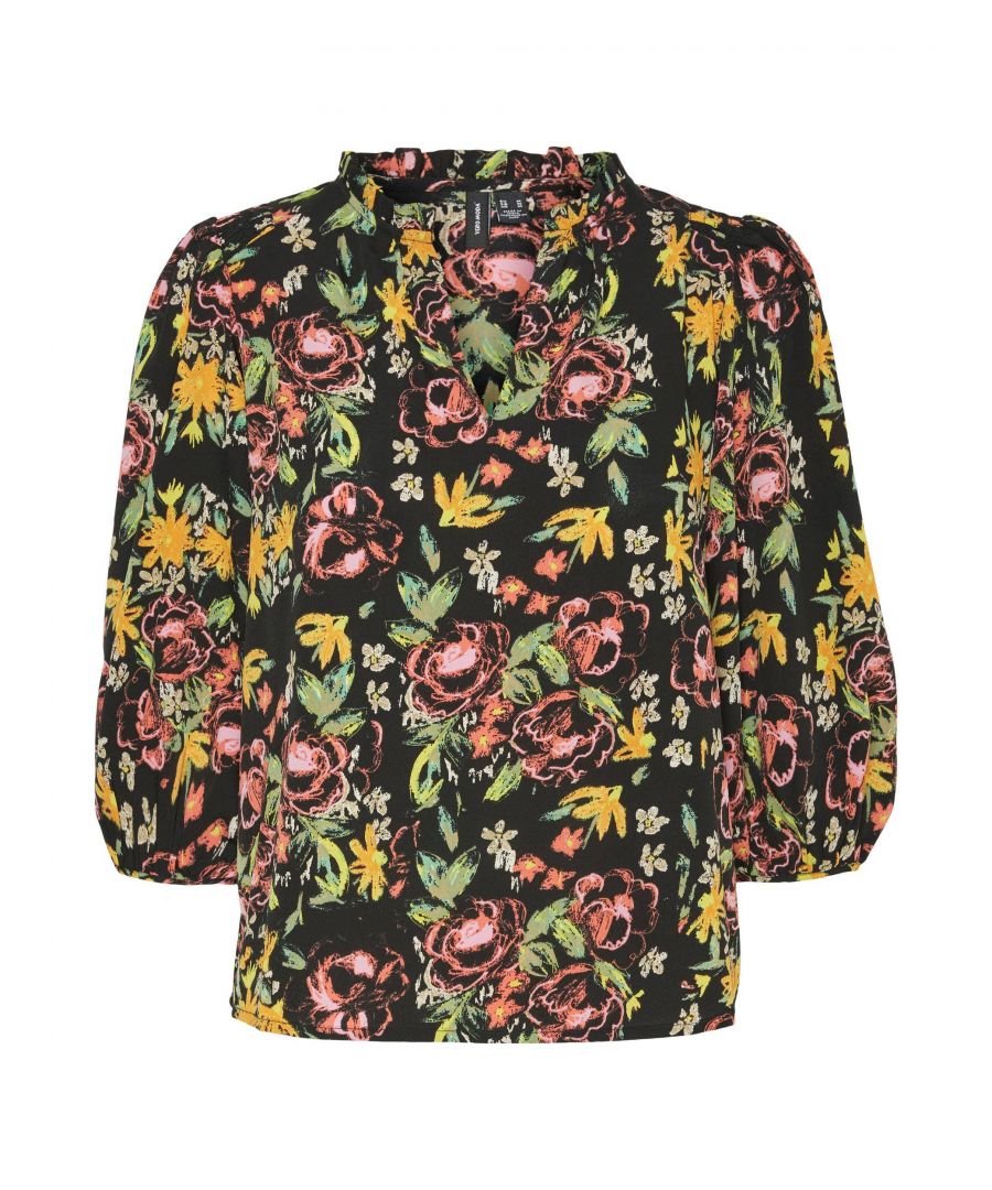 VERO MODA gebloemde top VMSERENITY van gerecycled polyester zwart/geel/groen/roze