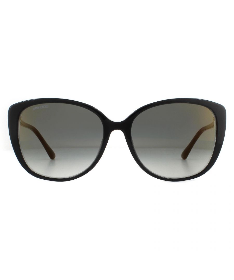 Jimmy Choo Sunglasses ALY/F/S AE2 FQ Black Gold Glitter Grey Gradient Mirror are a cat eye style crafted from lightweight acetate. The Jimmy Choo logo is engraved into the gold temples for brand authenticity