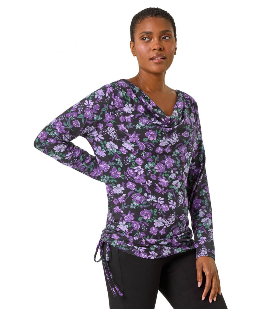 Roman Womens Ruched Cowl Neck Floral Top - Purple - Size 10 UK