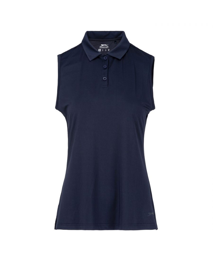 Slazenger Sleeveless Polo Shirt Womens > This Slazenger Sleeveless Polo Shirt is a sleeveless style with a fold over collar for a classic look. It features a three button placket for a secure fit and is a lightweight construction. This polo shirt is a solid colouring throughout designed with a signature logo and is complete with Slazenger branding.