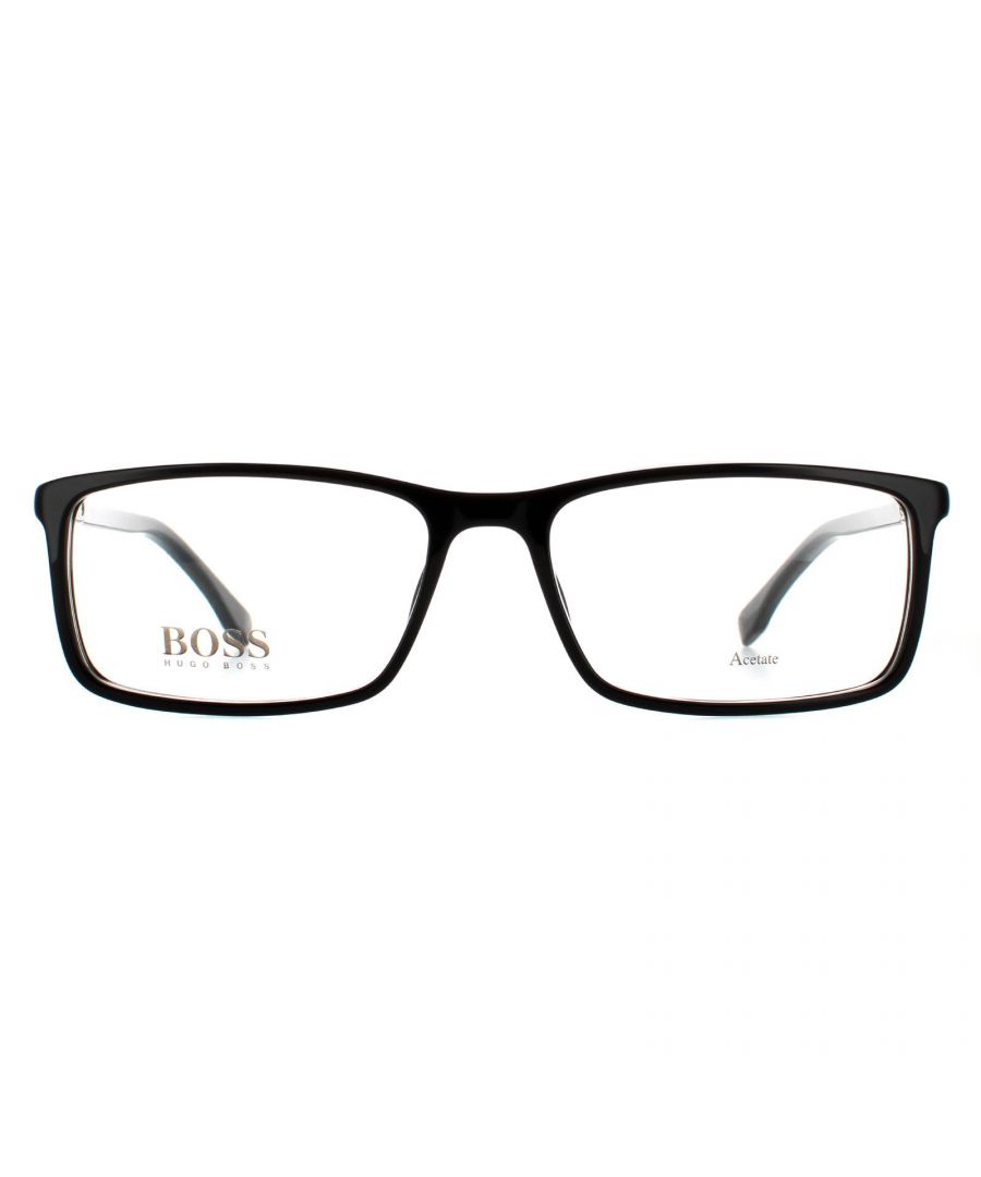 Hugo Boss Rectangular Mens Black 90031100 Hugo Boss are a sleek semi-rimless style for men with Hugo Boss branding on each temple. Made from high quality materials, they're super lightweight and comfortable for all day wear.