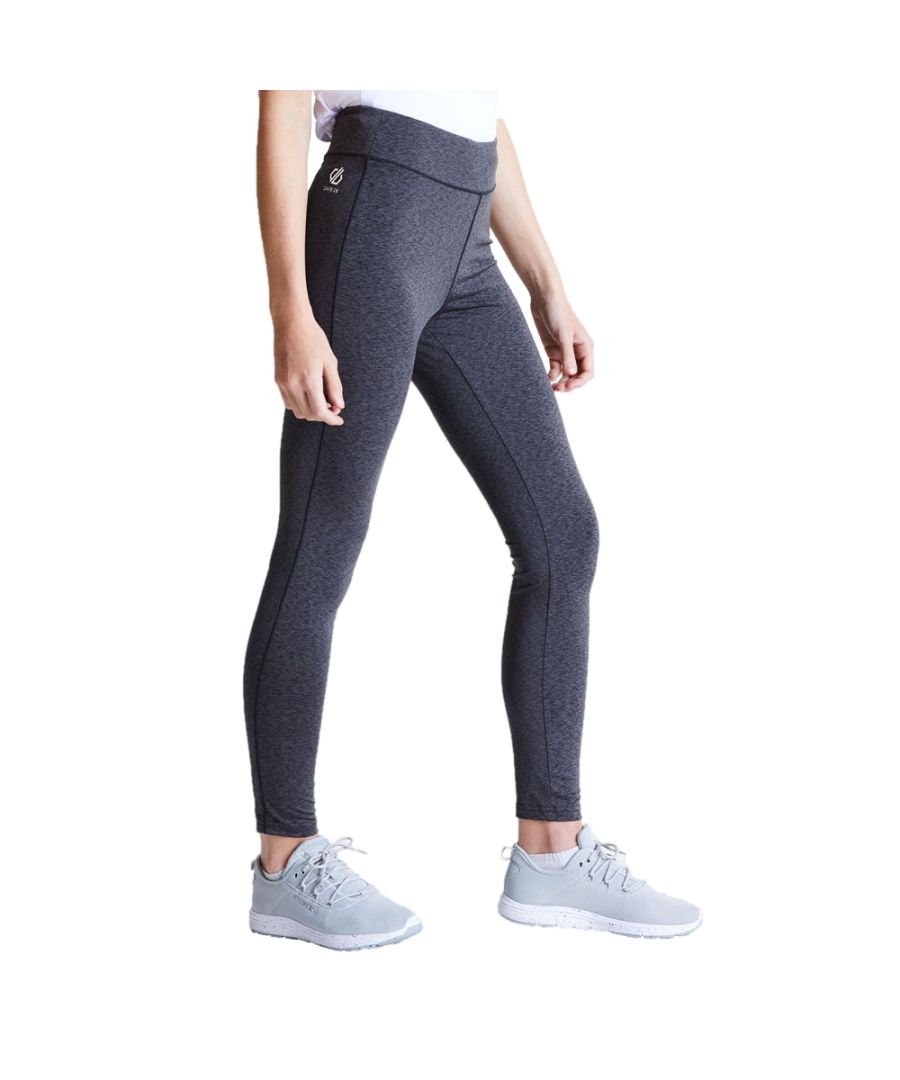 Womens Dare 2b Laura Whitmore Influential Leggings in charcoal.- Soft elastic inner waistband.- Self fabric open pocket at inner waistband.- Flat locked seams for comfort.- Squat proof fabric.- Quick drying.- Q-Wic lightweight polyester- elastane fabric.- Main Fabric: 79% Polyester. 21% Elastane.  Machine washable. - Ref: DWJ4533PD