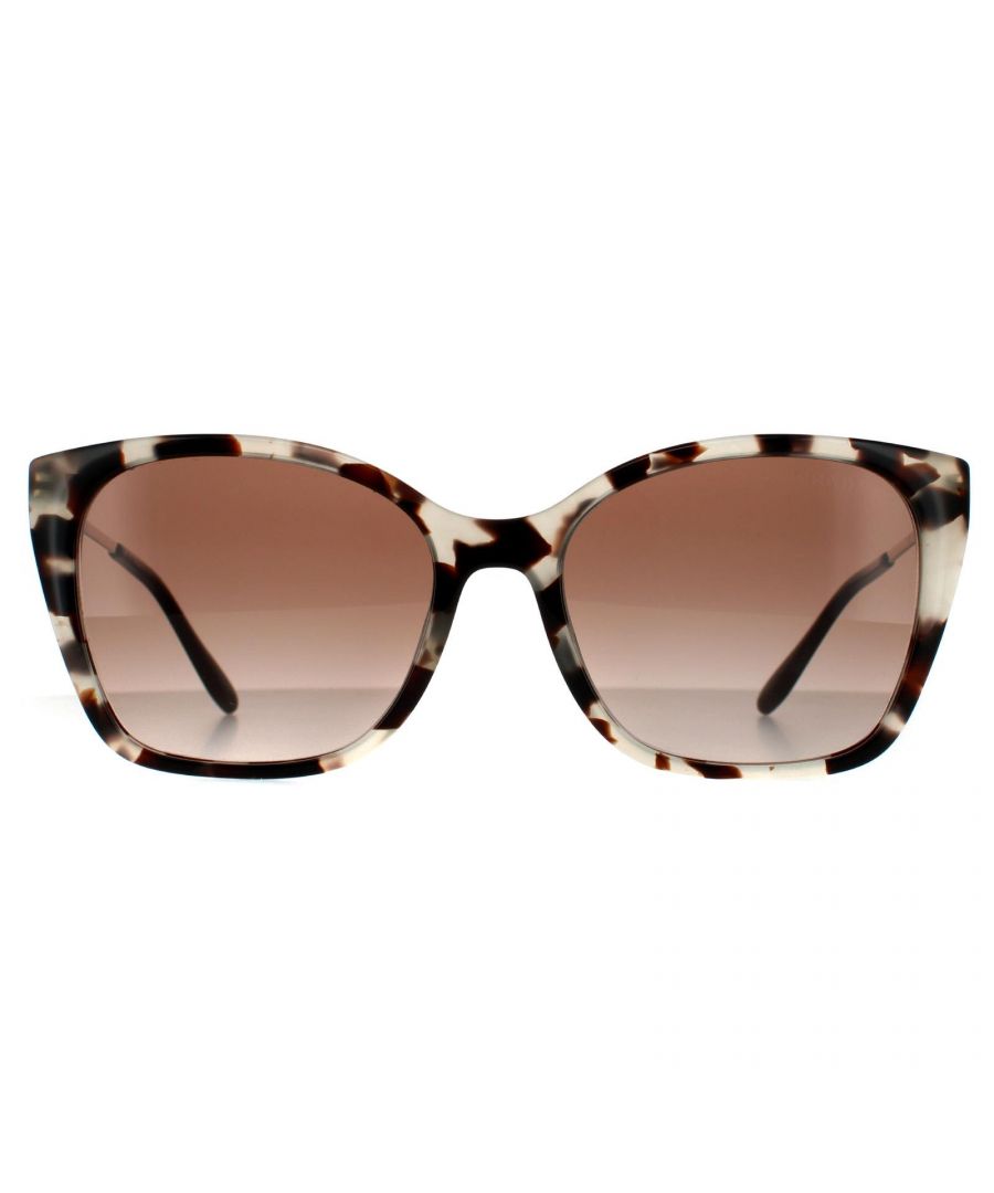 Prada Cat Eye Womens Tortoiseshell Brown Gradient Sunglasses Prada have a cat eye frame front in lightweight acetate and flat Metaltemples that feature an engraved Prada logo for authenticity