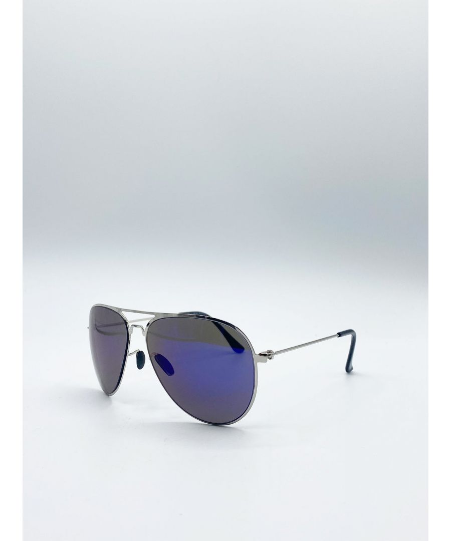 Silver Aviator Sunglasses with Blue Mirrored Lenses,\n\nAviator Sunglasses\nFrame Colour: Silver\nLens Colour: Blue Mirrored\n\nFrame Material: Metal\nOne Size\nFDA Approved\nSku : SG5361027