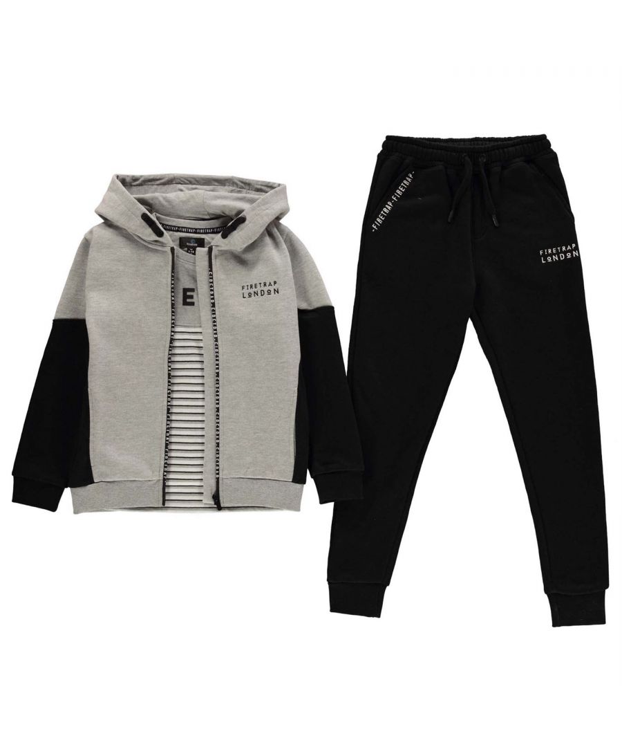 Firetrap 3 Piece Jogger Set Junior Boys -  This Firetrap 3 Piece Jogger Set consists of a t shirt, jacket and joggers, all of which are complete with Firetrap branding - perfect for everyday wear! You do not want to miss out on this one, perfect for gym attire. Breathable and lightweight, this is a must have.  > T shirt > Short sleeves > Crew neck > Lightweight > Stripe design > Fleece lining > Regular fit > True to size > Classic > Logo > Soft material > Dropped hem > Signature logo > Firetrap branding > 87% cotton, 13% polyester > Machine washable > Keep away from fire > Jacket > Full zip fastening > Long sleeves > Hooded > 2 pockets > Signature logo > Fleece lining > Regular fit > True to size > Classic > Logo > Soft material > Dropped hem > Firetrap branding > Body: 52% polyester, 48% cotton > Sleeves: 51% cotton, 49% polyester > Machine washable > Keep away from fire > Joggers > Elasticated waistband > Drawstring fastening > Ribbed cuffs > 2 pockets > Signature logo > Firetrap branding > 51% cotton, 49% polyester > Machine washable > Keep away from fire