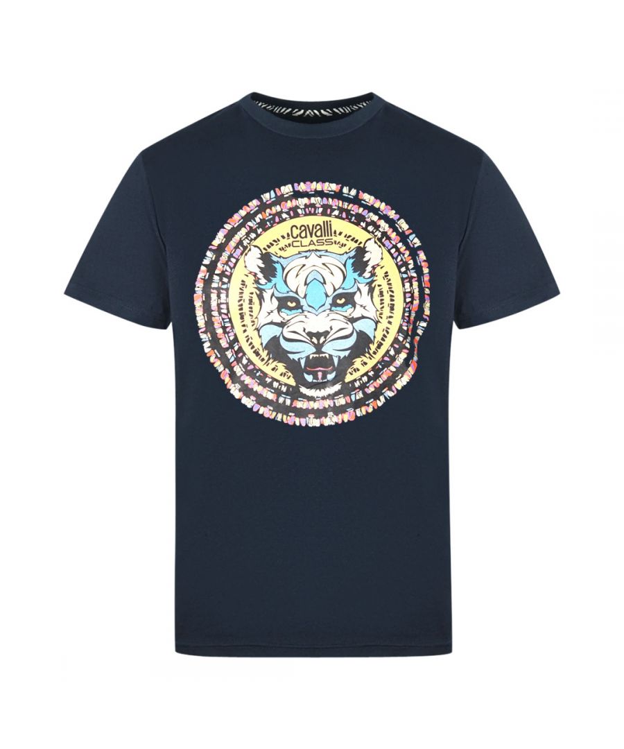 Cavalli Class Circular Wild Cat Logo Navy T-Shirt