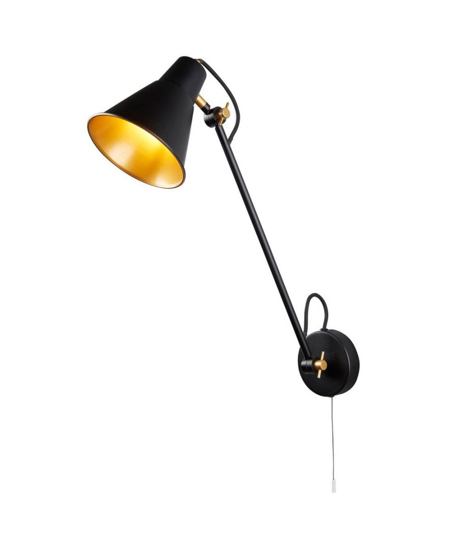 Finish: Matt Black, Shiny Gold | Material: Steel | IP Rating: IP20 | Height (cm): 39 | Height Adjustable: Yes | Width (cm): 14 | Projection (cm): 58 | Shade Finish: Matt Black Outer - Shiny Gold Inner | Shade Diameter (cm): 14 | No. of Lights: 1 | Lamp Type: E27 | Dimmable: Yes With Dimmable Bulbs | Wattage (max): 1 x 60W | Bulb Included: No