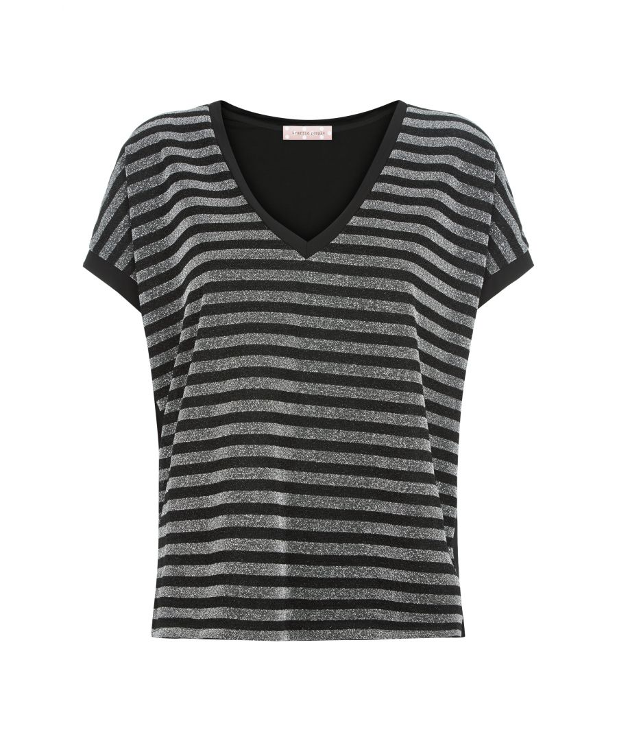 Easy staples with a luxurious twist are our speciality, and the Two Face T-shirt is a case in point. Featuring black and silver stripes,  this tee has short sleeves and sporty black tipping -  the perfect partner for dark denim or our In The Mood Mini Skirt. The model is 5ft 7in tall and wears a size small (UK 8-10). 80% Polyester, 15% Metallic, 5% Elastane, 95% Polyester, 5% Elastane. Machine Wash at 30c.