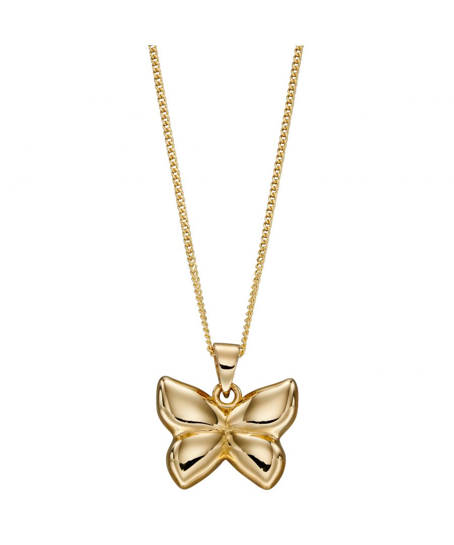 Design: Adorable gold necklace for new baby or young child. Features a gorgeous butterfly design with a shiny polished finish. Made from sleek 9ct yellow gold, this pendant is a gift that could be treasured forever. Matching stud earrings also available. Composition: Crafted of genuine 375 9ct yellow gold with a modern polished finish. Dimensions: height 12mm, width 12mm, depth 1.5mm, item weight 2.7g Fitting: This pendant comes provided on a 35.5cm 9ct gold chain with a secure bolt ring clasp. Packaging: This item comes presented in a luxury branded presenation box which is ideal for gifting and perfect for storing the item safely.