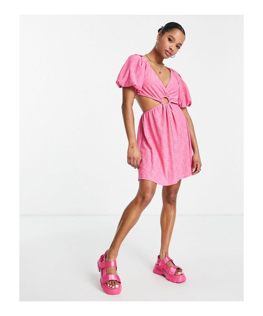 Petite dress by ASOS Petite Love at first scroll Wrap front Puff sleeves Cut-out waist Regular fit Sold by Asos