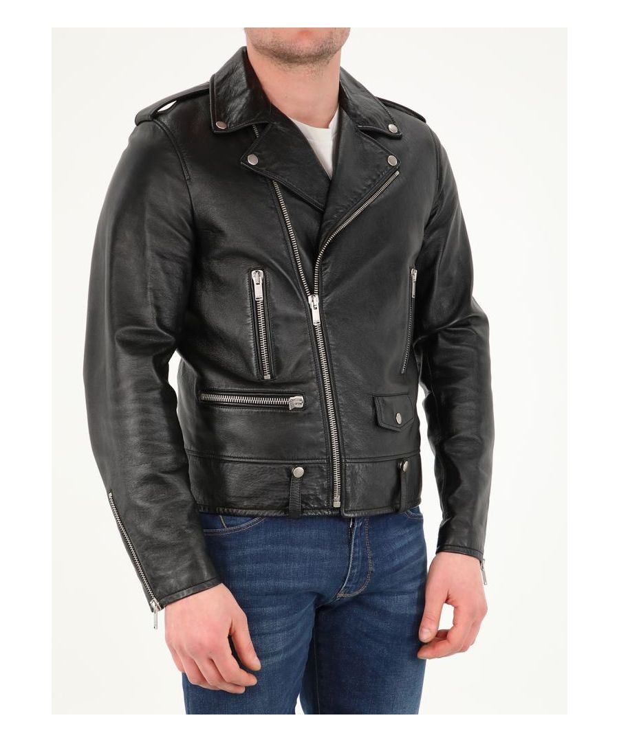 Black lambskin biker jacket. It features front zip closure, two front zipped pockets, one side zip pocket, one side flap pocket with button, zipped cuffs, silver-tone hardware and inner lining with animal print. The model is 184cm tall and wears size 48.  