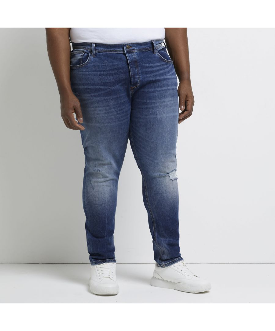 > Brand: River Island > Department: Men > Material Composition: 98% Cotton 2% Elastane > Material: Cotton > Type: Jeans > Style: Skinny > Size Type: Big & Tall > Fit: Slim > Pattern: No Pattern > Occasion: Casual > Season: SS22 > Pocket Design: 5-Pocket Design > Fabric Wash: Medium > Closure: Button > Distressed: Yes > Brace Buttons/Belt Loops: Belt Loops
