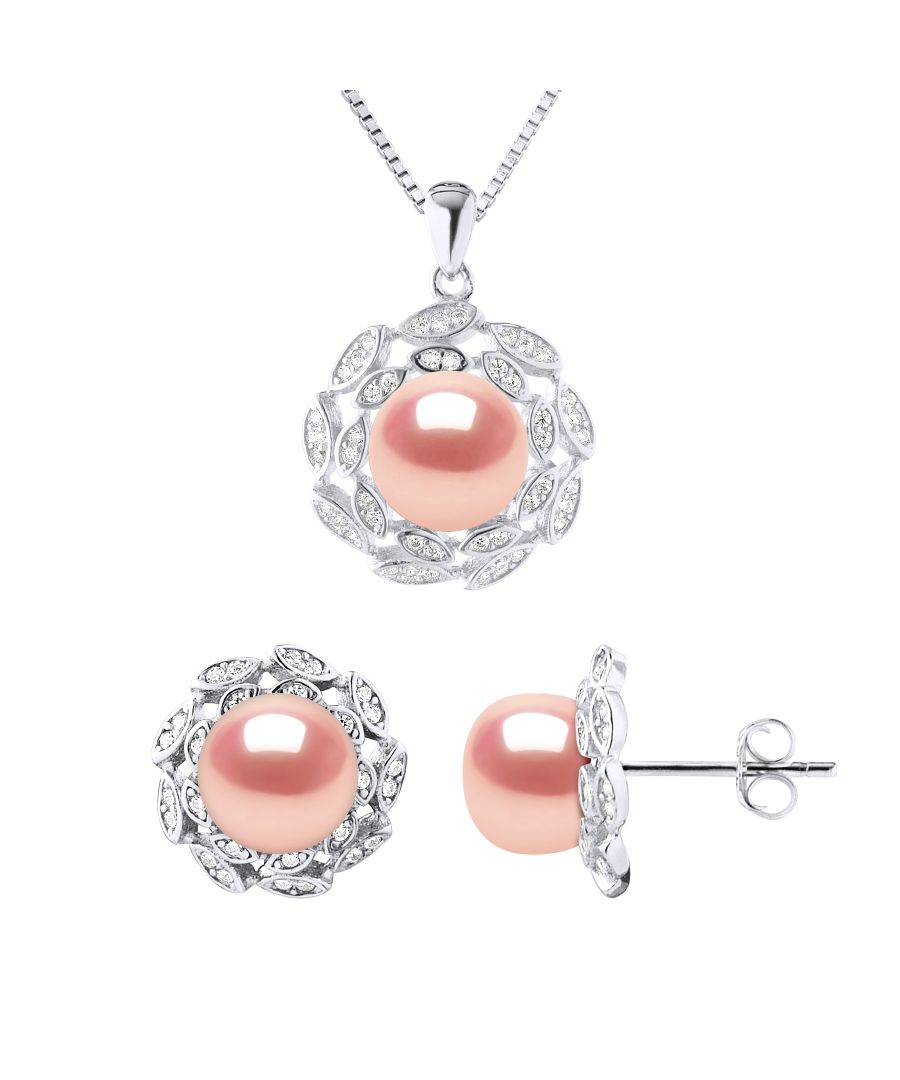 SET: Necklace Freshwater Pearl button 9-10 mm - ROSE - FLOWER PATTERN - Entourage OXIDE - Venetian Maille 925 Thousandth rhodium - Length: 42 cm & Earrings Freshwater Cultured Pearl Button 8- 9 mm - FLOWER PATTERN - Entourage OXIDE - ROSE - strollers System - 925 thousandth rhodium - Delivered in a case with a certificate of authenticity and an international guarantee - All our jewels are made in France.