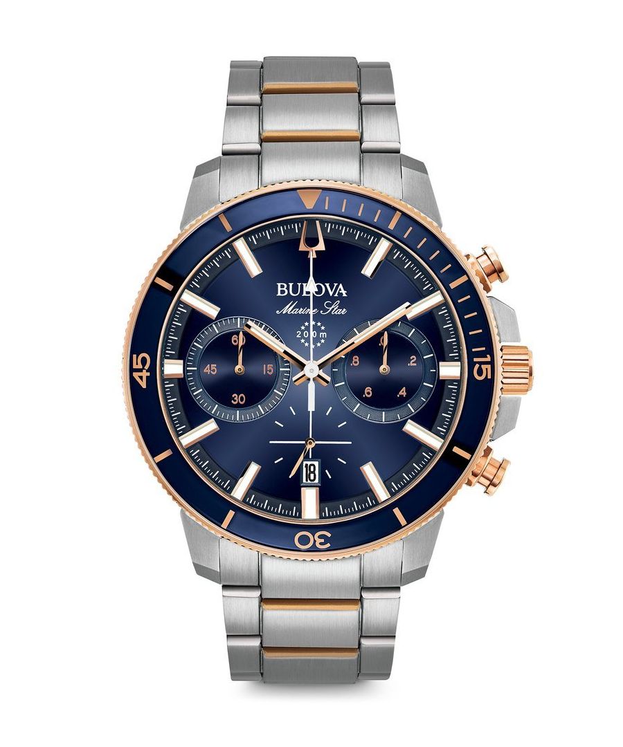 This Bulova Marine Star Chronograph Watch for Men is the perfect timepiece to wear or to gift. It's Silver 45 mm Round case combined with the comfortable Silver Stainless steel watch band will ensure you enjoy this stunning timepiece without any compromise. Operated by a high quality Quartz movement and water resistant to 20 bars, your watch will keep ticking. This sporty watch has a ratcheted rotating blue and rose gold-tone outline and stainless steel bezel perfect for every day use- The watch has a calendar function: Date, Stop watch, Luminous Hands, Luminous Numbers High quality 21 cm length, 20 mm wide Silver Stainless steel strap with a Fold over clasp with safety Case diameter: 45 mm, Case height: 15 mm and Case color: Silver Dial color: Blue