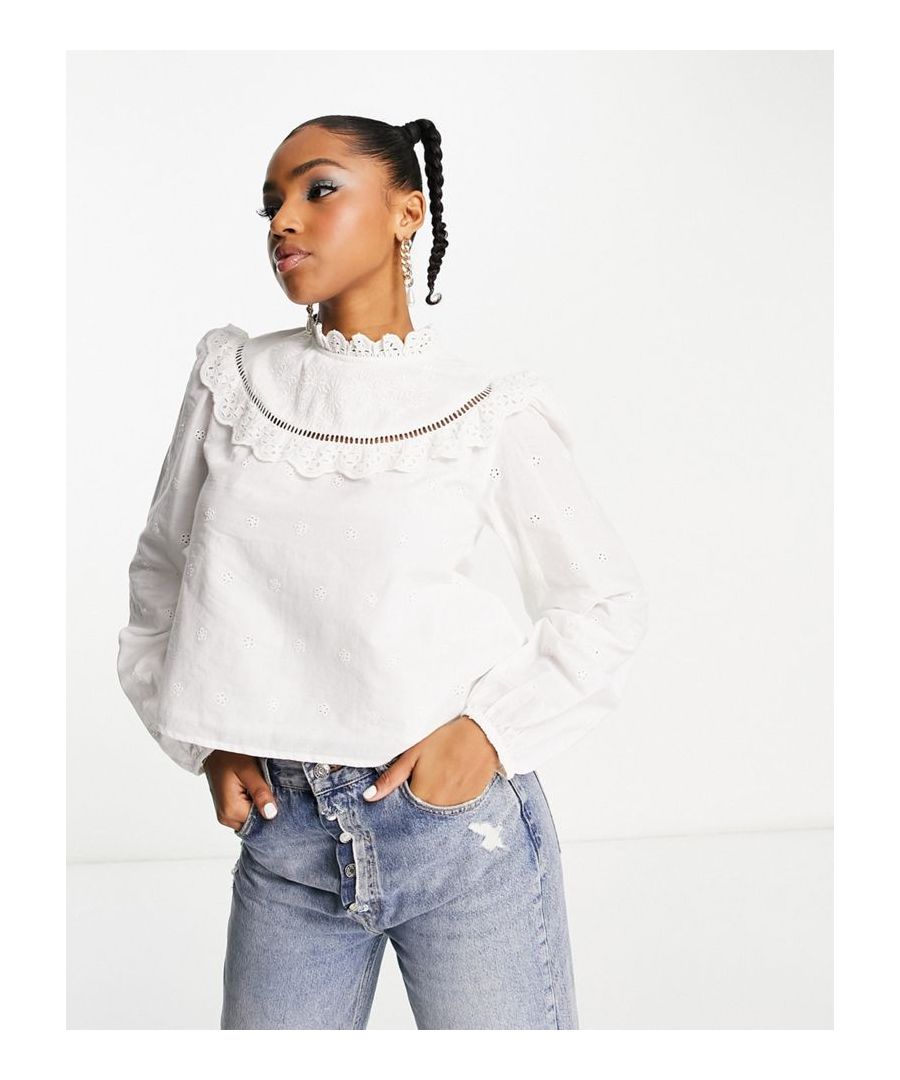 Tops by Miss Selfridge Add-to-bag material All-over broderie design High neck Blouson sleeves Button-keyhole back Regular fit  Sold By: Asos