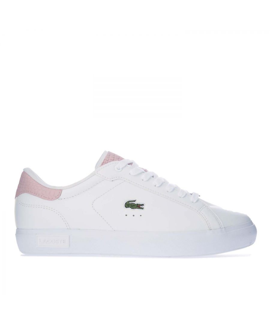 Mens Lacoste Powercourt Trainers in white pink.- Premium leather upper.- Lace up fastening.- Padded collar.- Comfortable textile lining.- Ortholite sockliner for comfort and odour control.- Vulcanised construction.- Embroidered crocodile to side.- Rubber outsole.- Leather upper  Textile lining  Synthetic sole.- Ref: 741SFA00511Y9